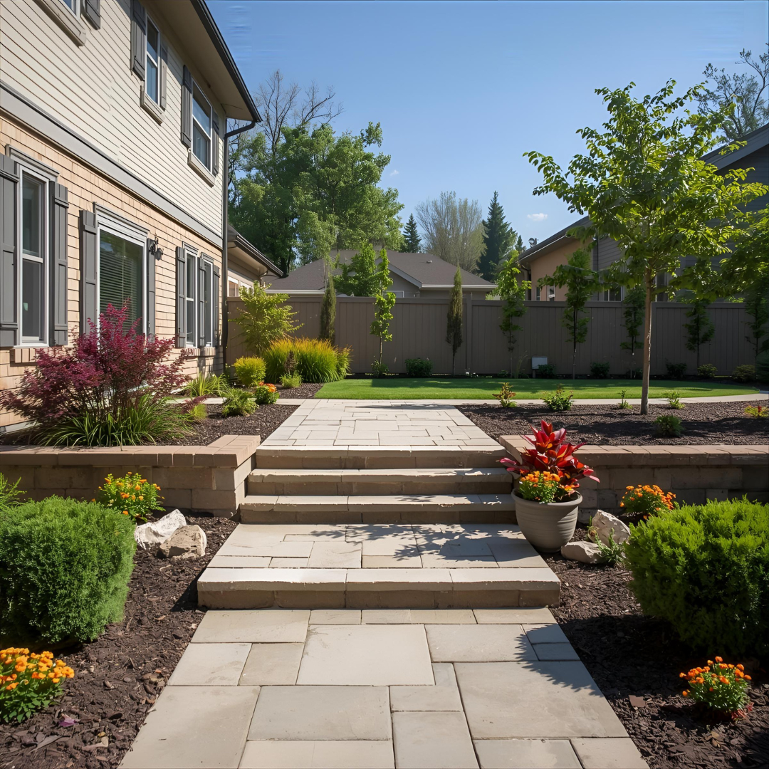 Terrasse en bois contemporaine avec plantations