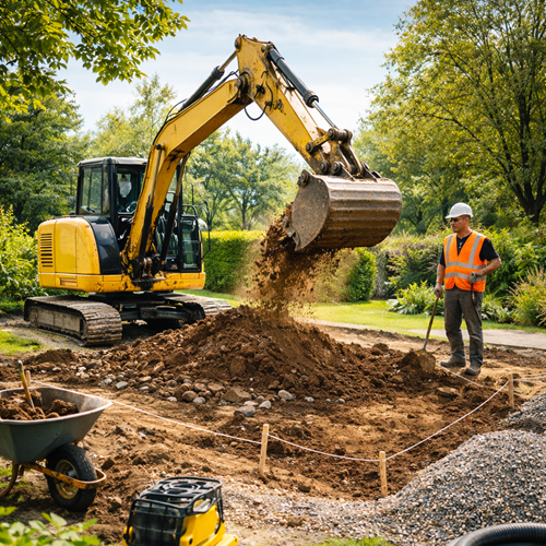 Travaux de terrassement : nivellement, décaissement et stabilisation.